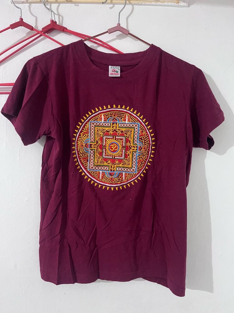 Maroon T-Shirt with Om Mandala Print