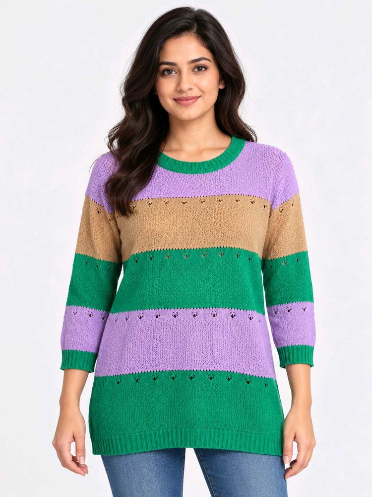 Striped 3/4 Sleeve Knit Sweater