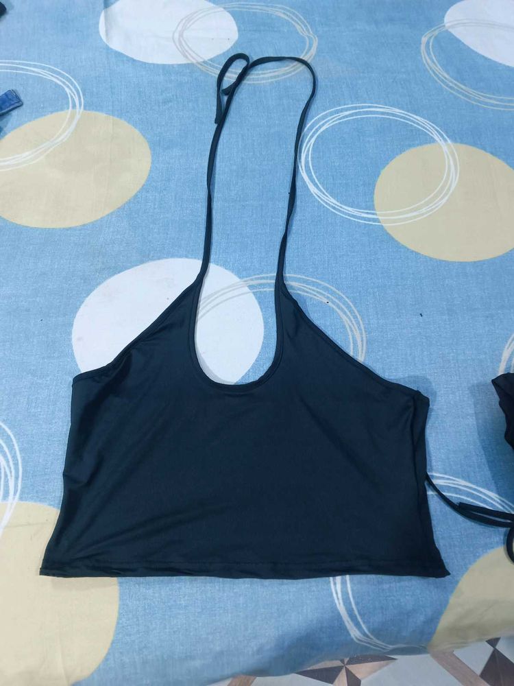 Sleek Black Halter Neck Crop Top