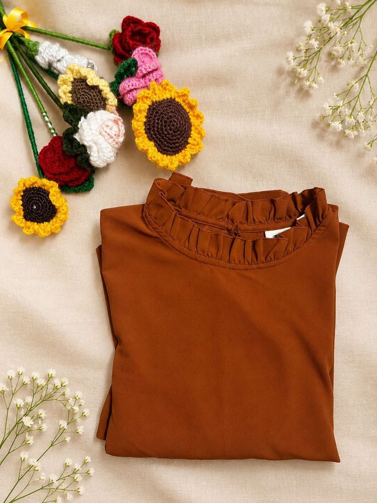 Rust Ruffled Neck bell sleeved Top