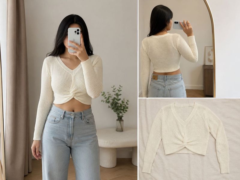 Cream Ribbed Twist Front Crop Top
