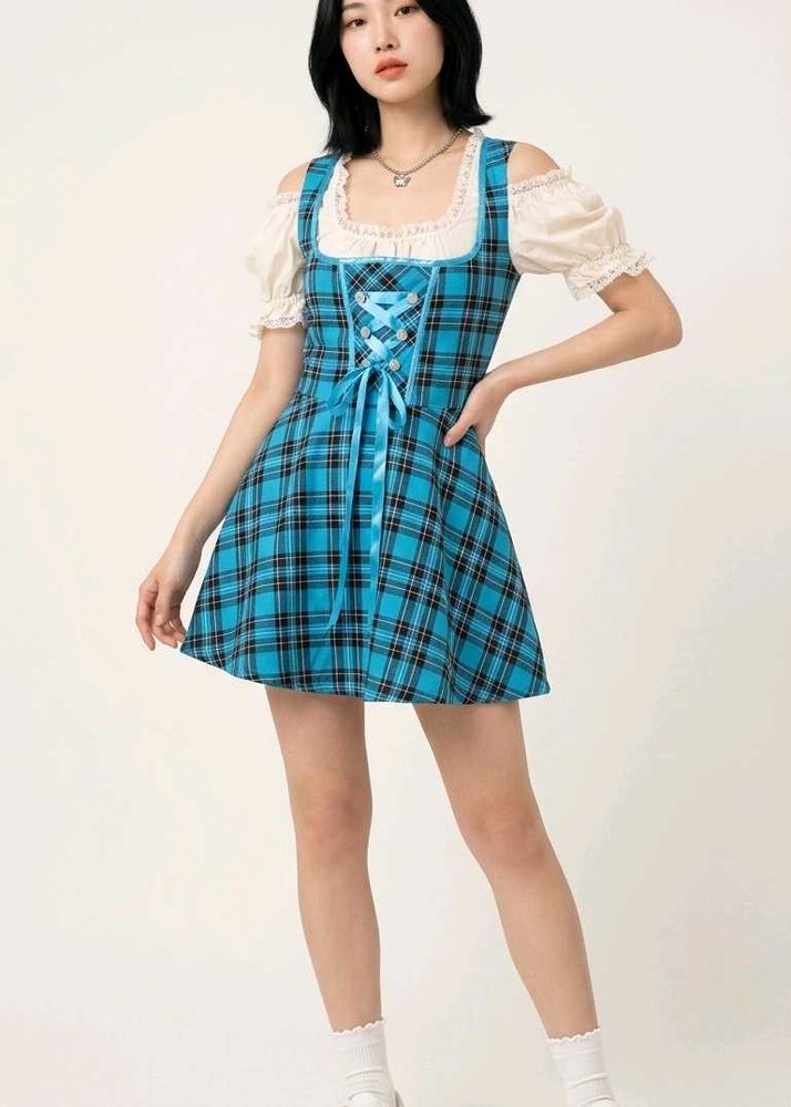 Blue Plaid Cold Shoulder Dress
