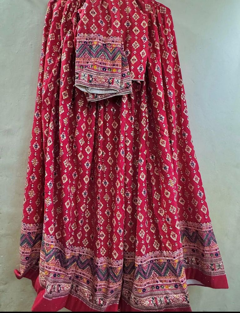 Vibrant Red Printed Lehenga Choli Set