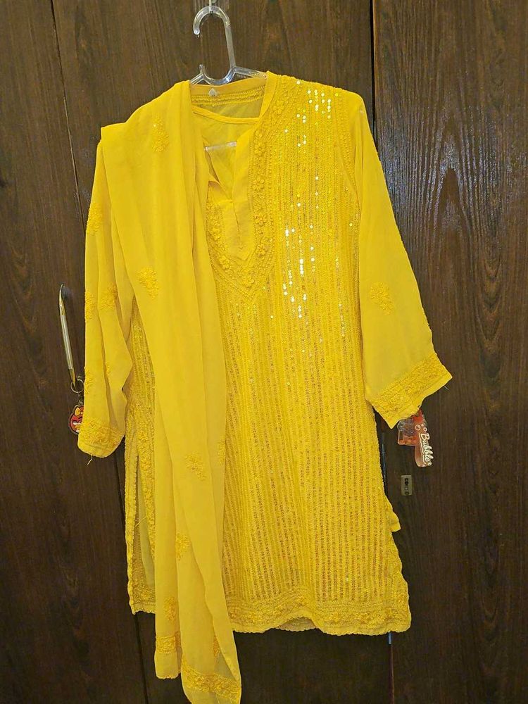Yellow sequin sheer Kurta Set with Dupatta