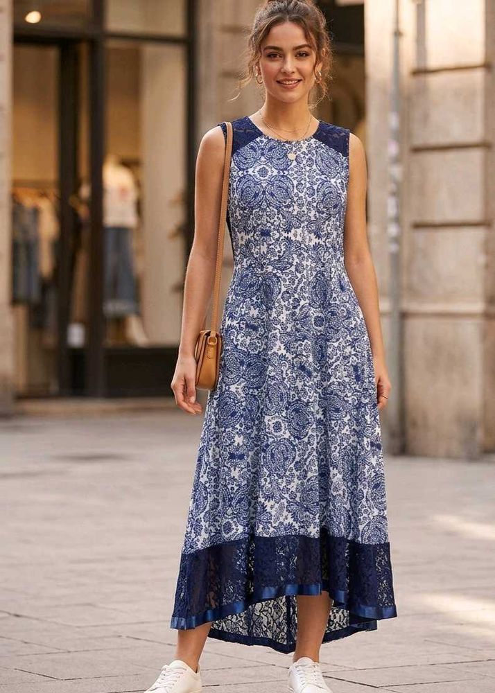 Blue &amp; White Printed Dress with Lace