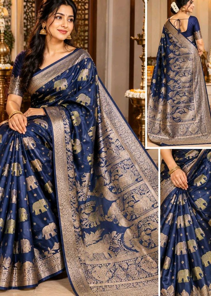 Elegant Navy Blue Elephant Banarasi Silk Saree
