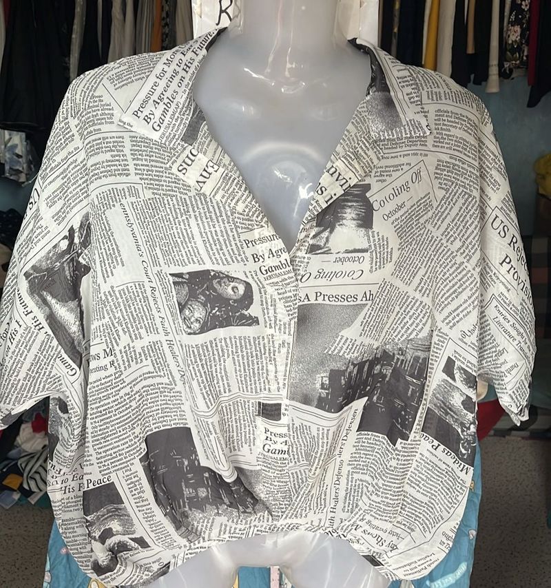 Unique Newspaper Print Button-Up Shirt