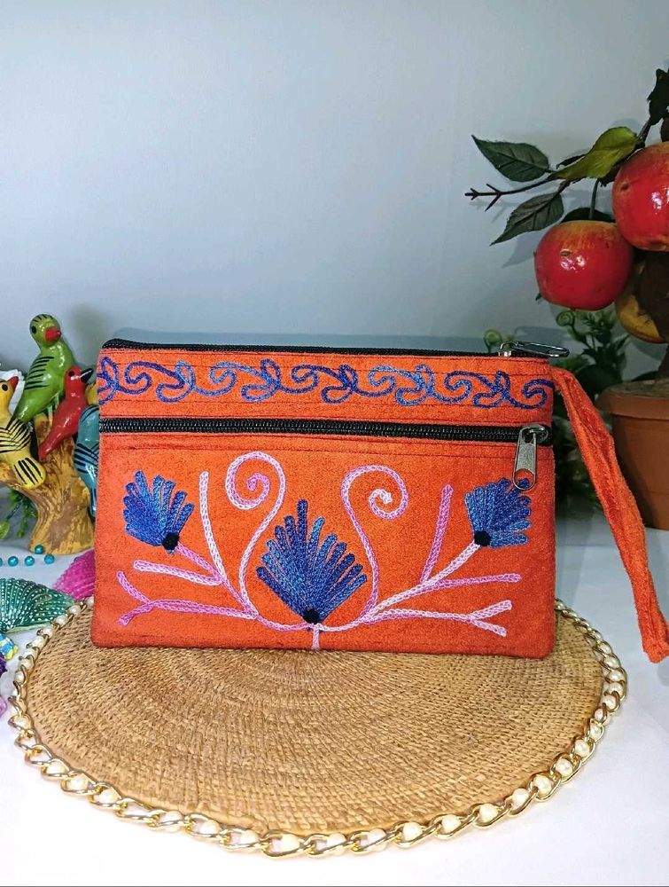 Embroidered Orange Hand Purse