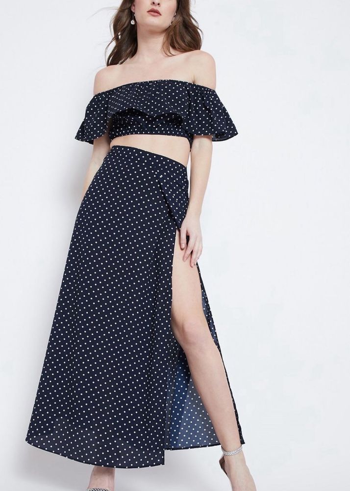Berrylush Women Navy Blue Polka Dotted Co-Ord Set