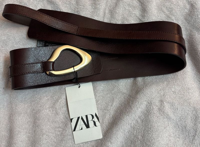 Zara Women's Brown Leather Belt with Gold Buckle