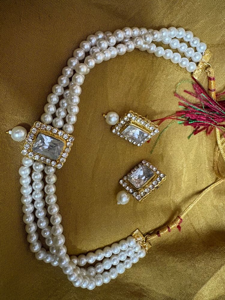 Pearl Choker Necklace with Earrings Set