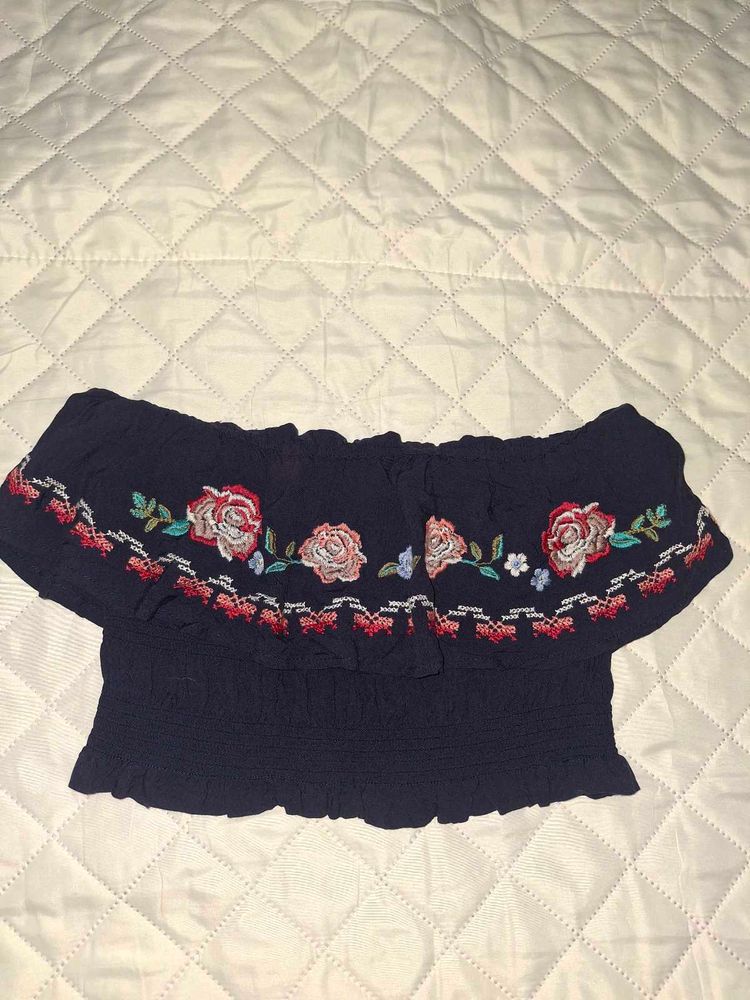 Navy Embroidered Off-the-Shoulder Crop Top