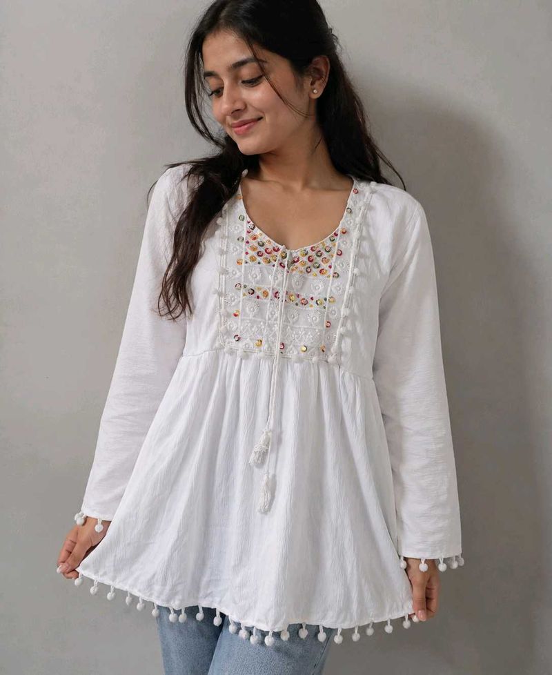 Embroidered White Cotton Tunic Top