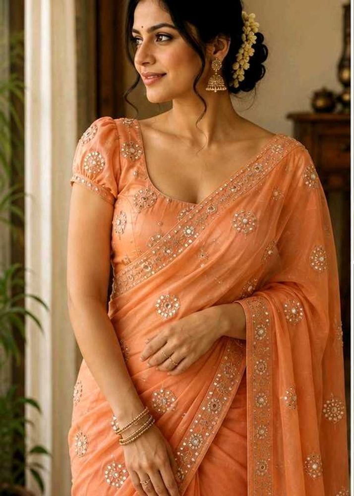 Elegant Peach Embroidered Saree