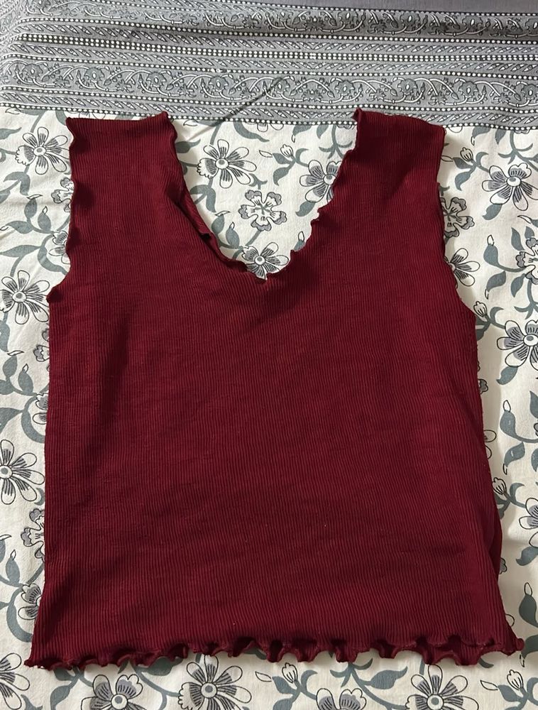 Burgundy Ribbed Lettuce Edge Tank Top