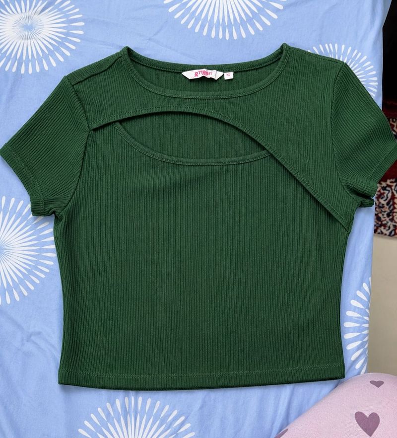 Trendy Green Ribbed Cutout Crop Top