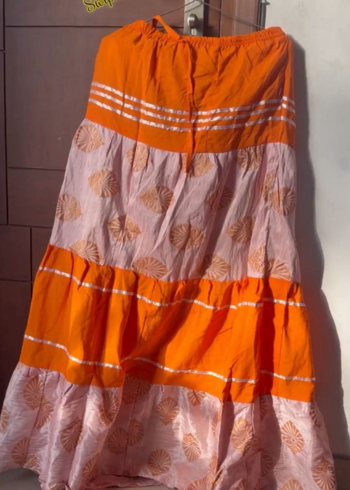 Waist tie Boho Tiered Maxi Skirt - Orange &amp; Pink