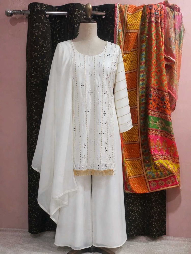 Elegant White Sequined Kurta Set with Dupatta