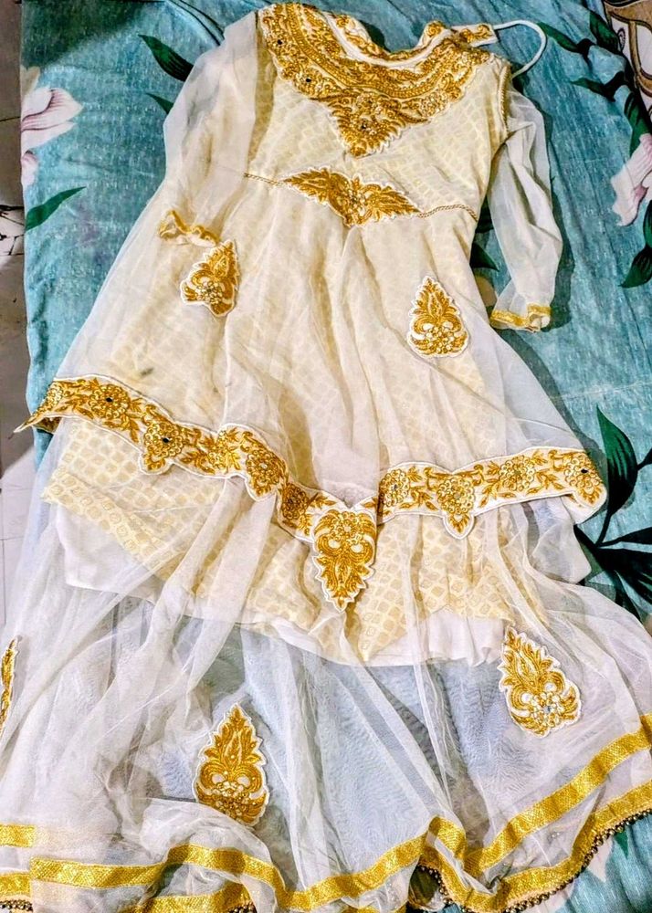 Elegant Cream &amp; Gold Embroidered Maxi Dress
