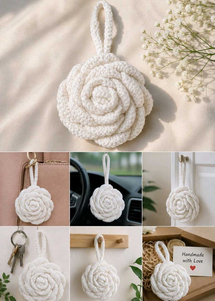 Handmade Crochet Rose Keychain Charm