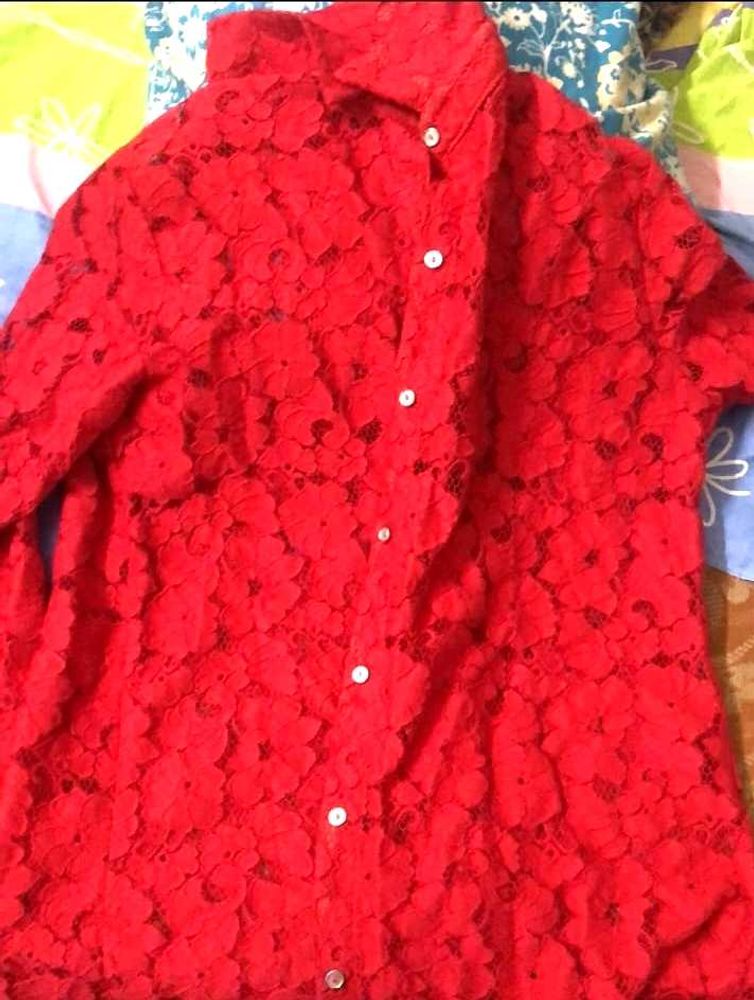 Red Lace Button-Down Shirt