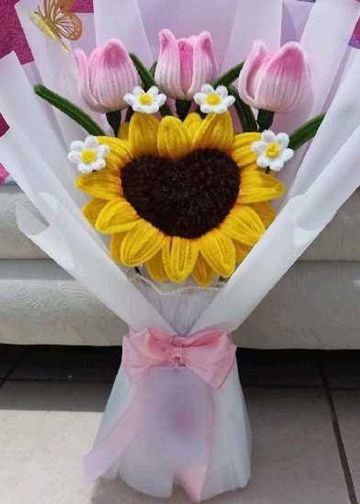 Handmade Crochet Sunflower &amp; Tulip Bouquet