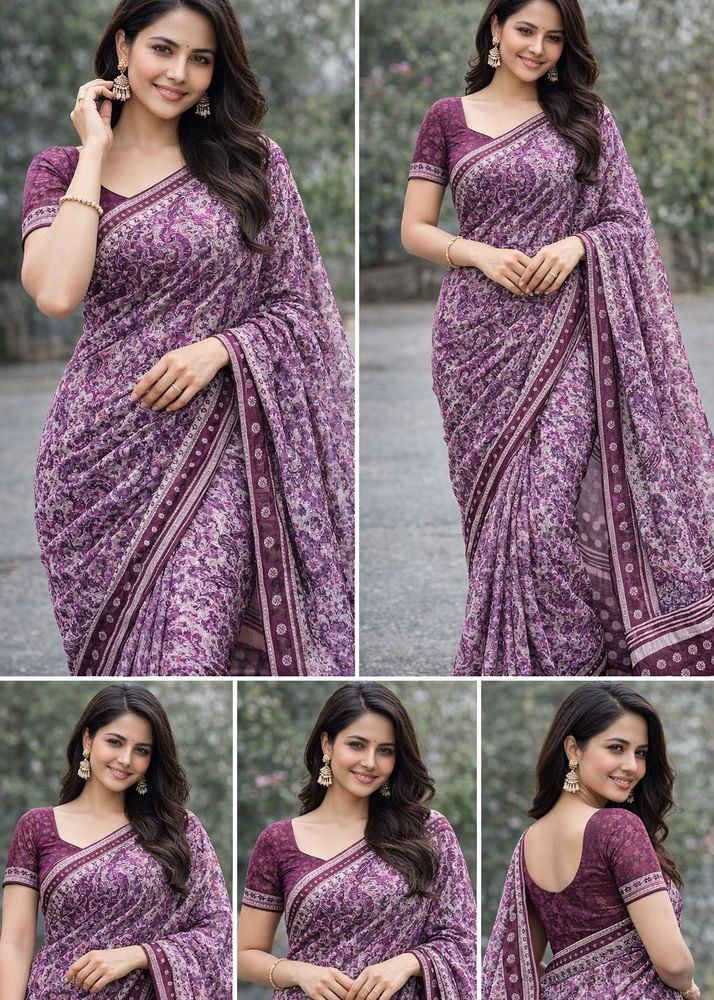 Elegant Purple Floral Print Saree