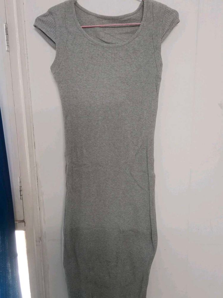 Grey Ribbed Knit Maxi Dress
