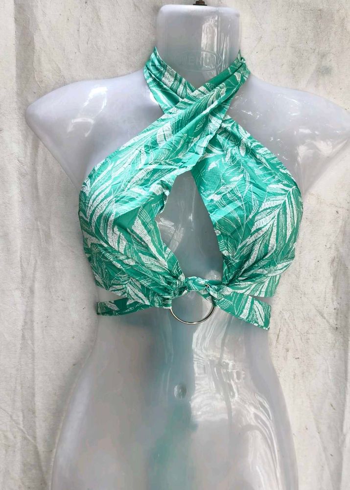 Green Leaf Print Halter Bikini Top