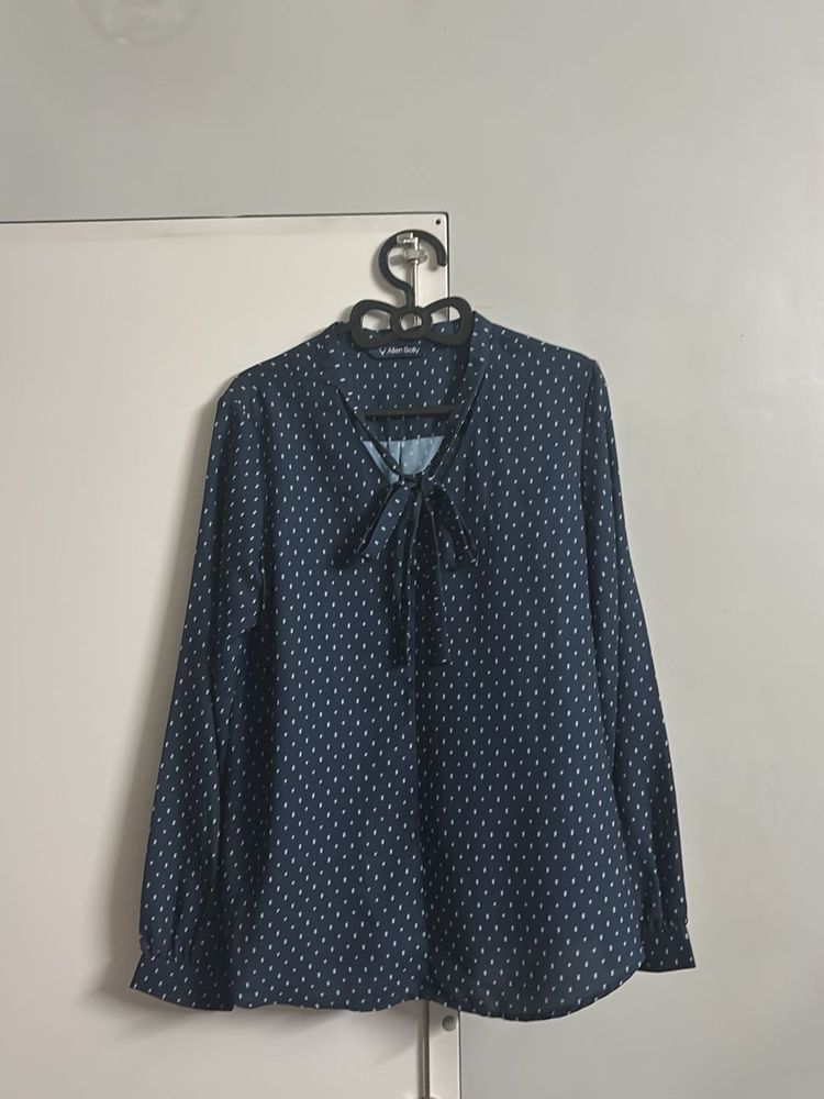 Navy Blue Printed Tie-Neck Blouse