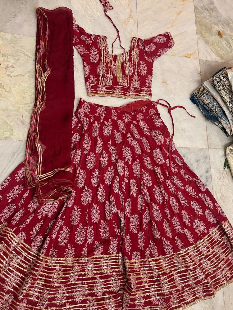 Maroon Printed Lehenga Choli Set with Dupatta
