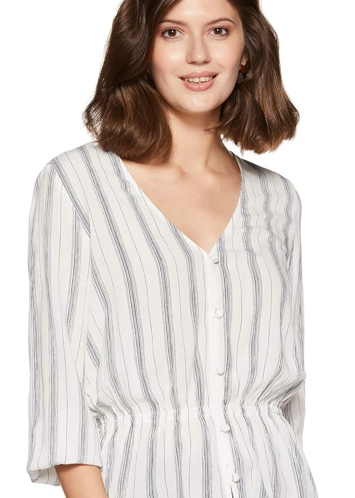 Striped V-Neck Button-Up Top