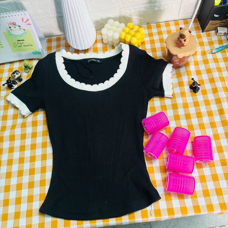 Black Ribbed Top with white border