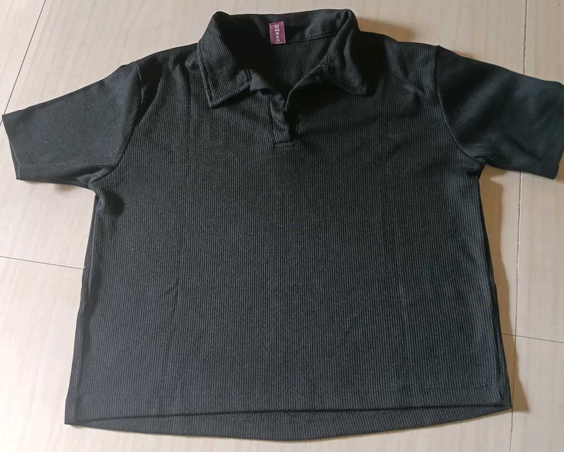 Stylish Black Ribbed Polo T-Shirt