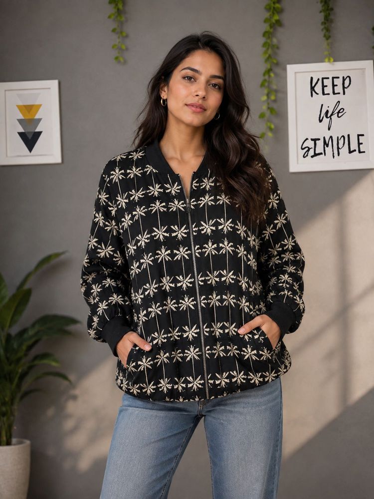 Black Palm Tree Print Bomber Jacket