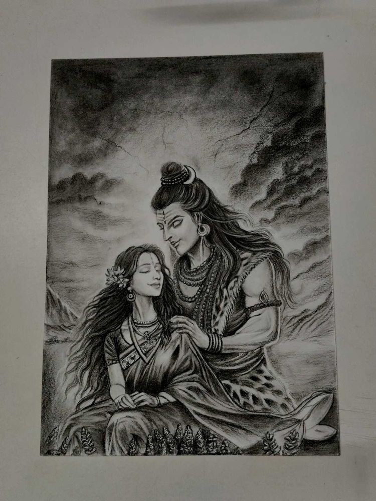 Lord Shiv Parwati Charcoal Drawing