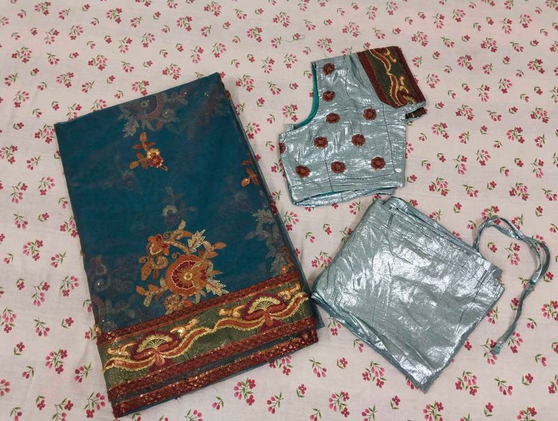 Teal Blue Saree with Blouse &amp; Shapewear