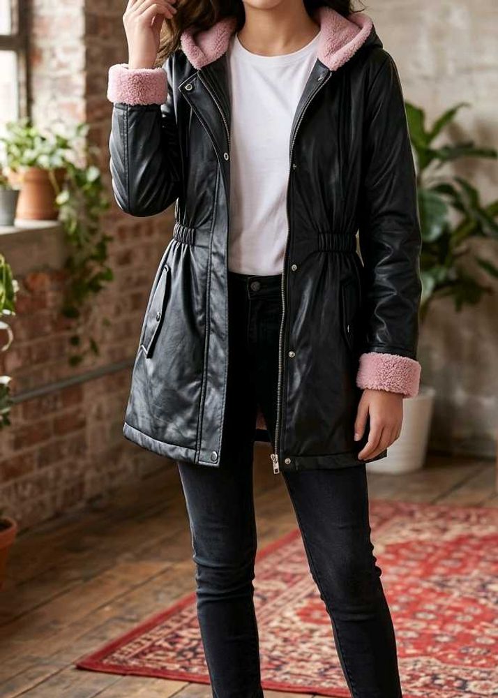 Black Faux Leather Parka with Pink Fur Trim
