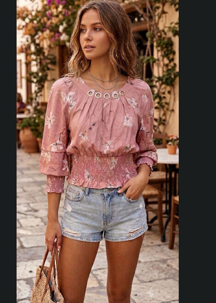 Pink Floral top with Decorative Buttons