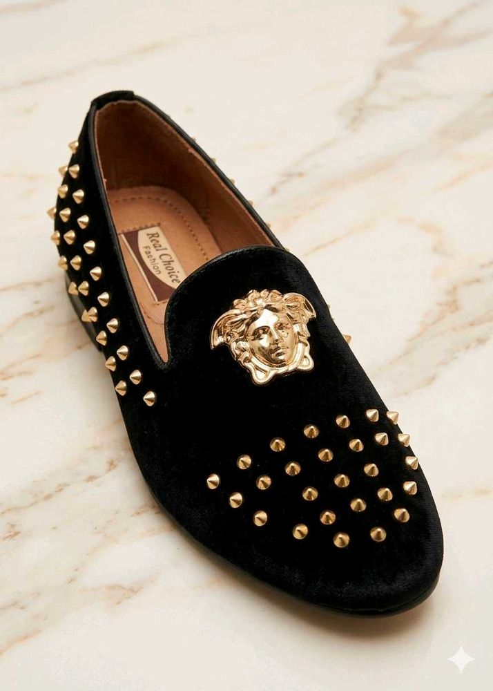 Black velvet studded loafers with gold medusa Embl
