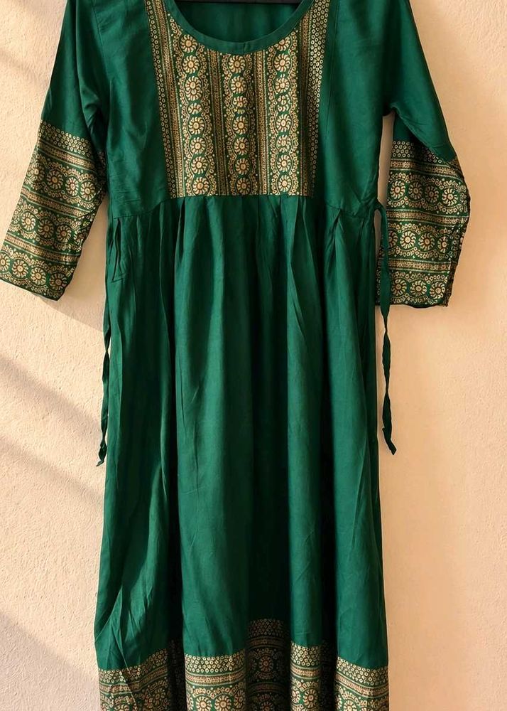 Green Anarkali with Gold Print