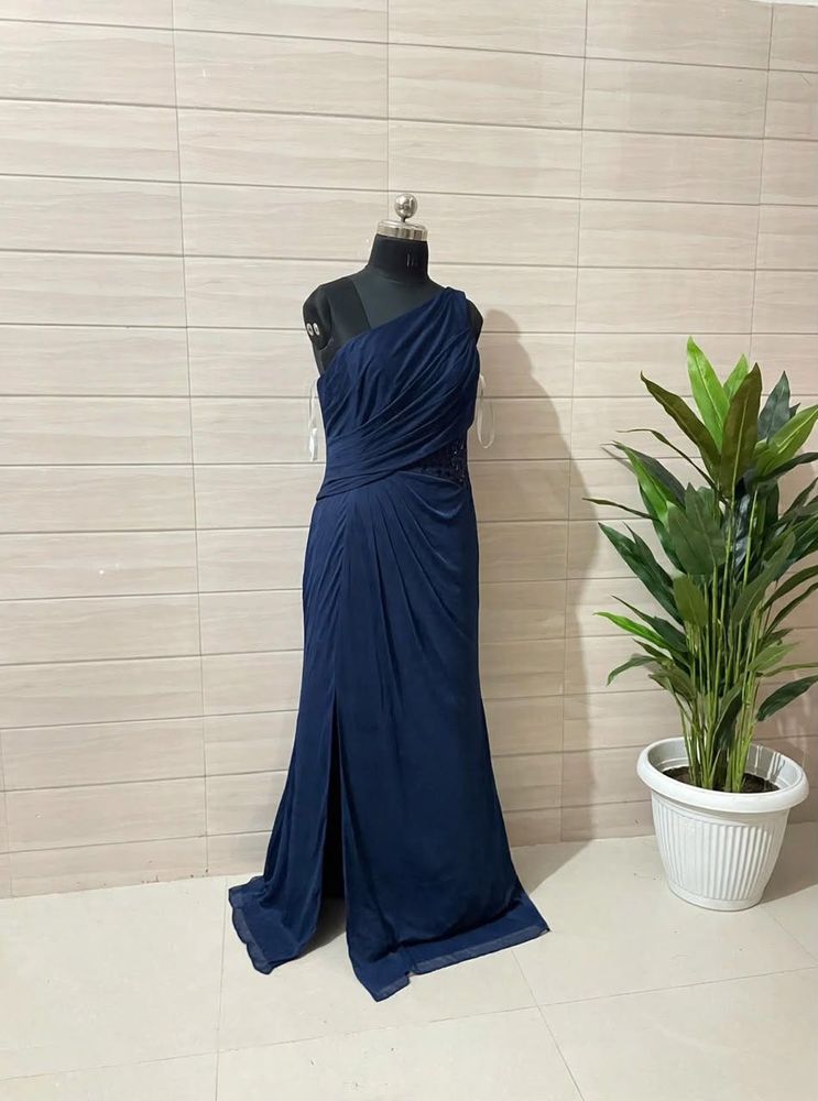 Imported Elegant Navy Blue One-Shoulder Gown
