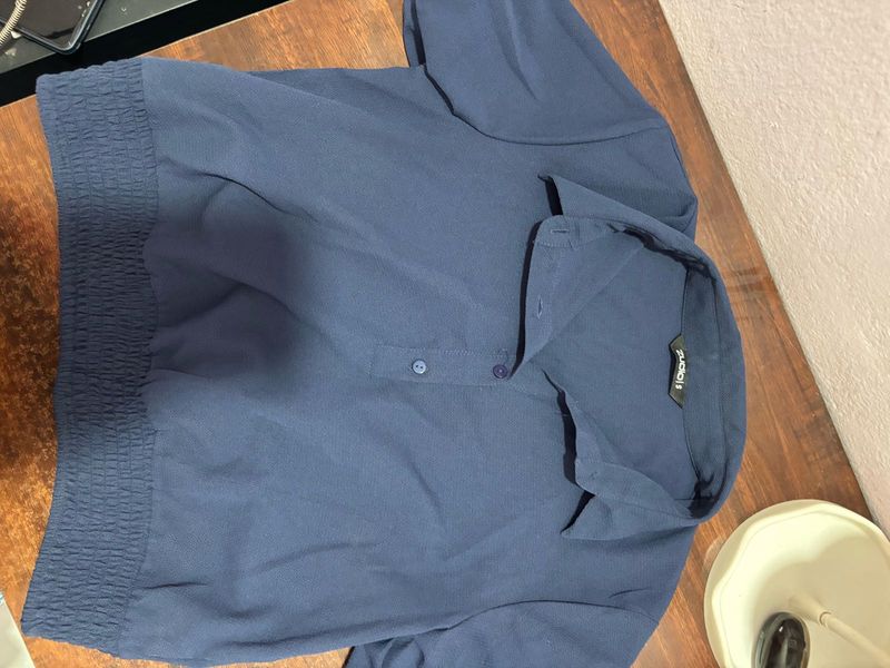 Blue Smocked Detail Collared Top