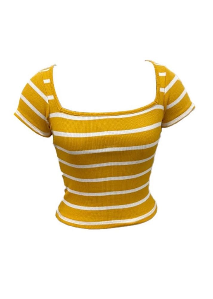 Mustard Yellow Striped Ribbed Square Neck Top