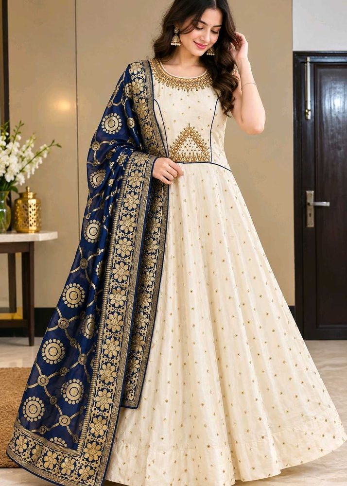 Women’s Cream Anarkali Gown with Navy Blue &amp; Golde