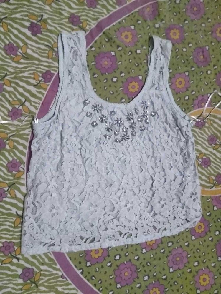 Light Blue Lace Embellished Crop Top