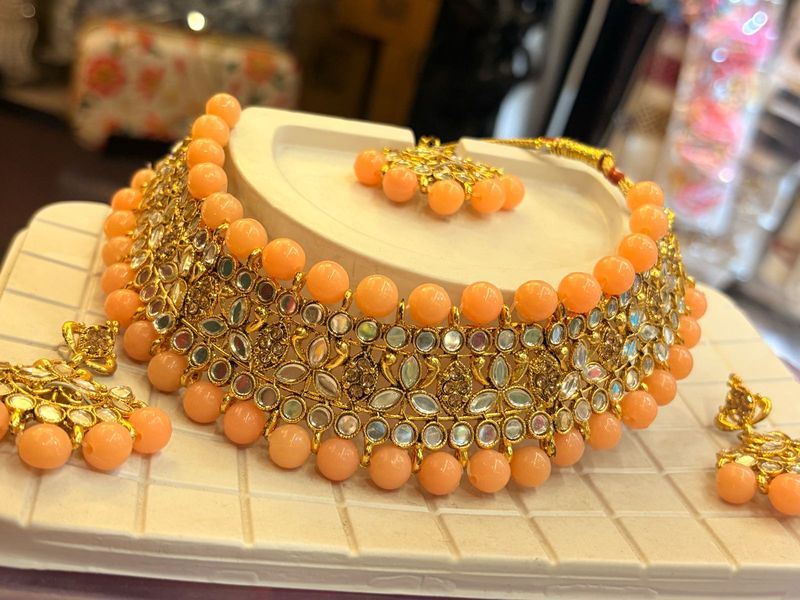 Peach Beaded Necklace Set