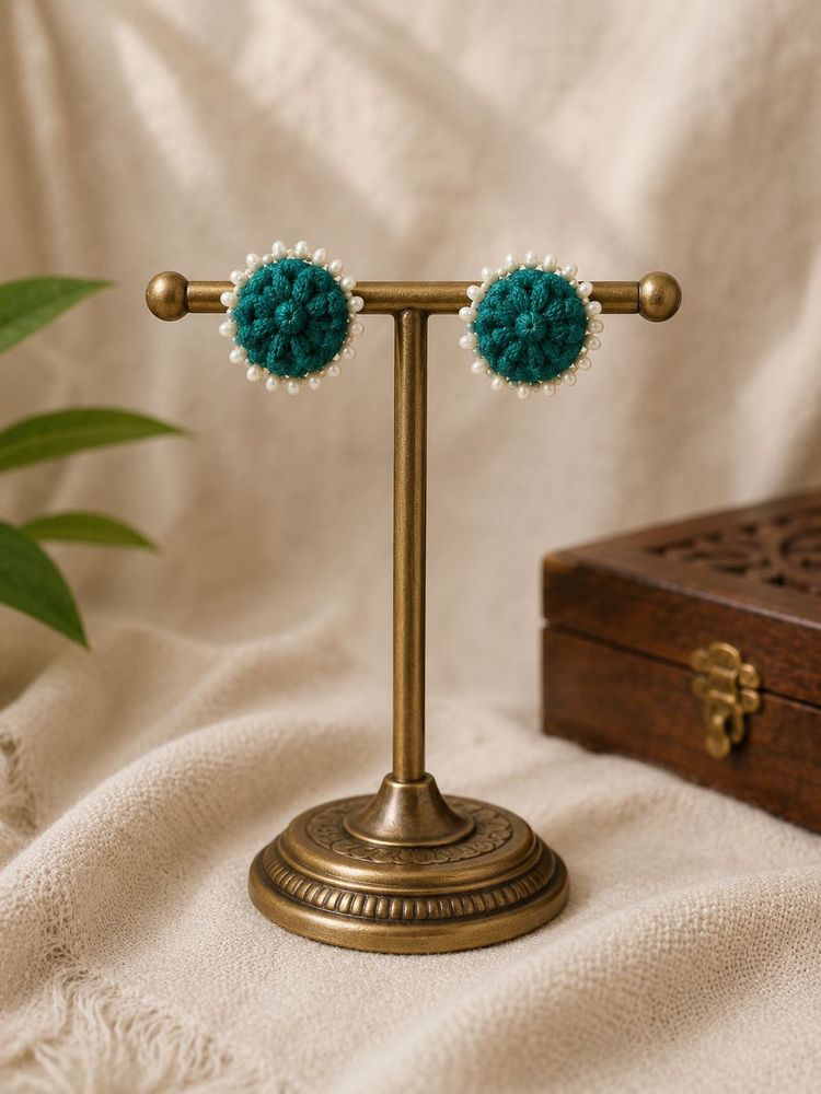 handmade Green Beaded Stud Earrings