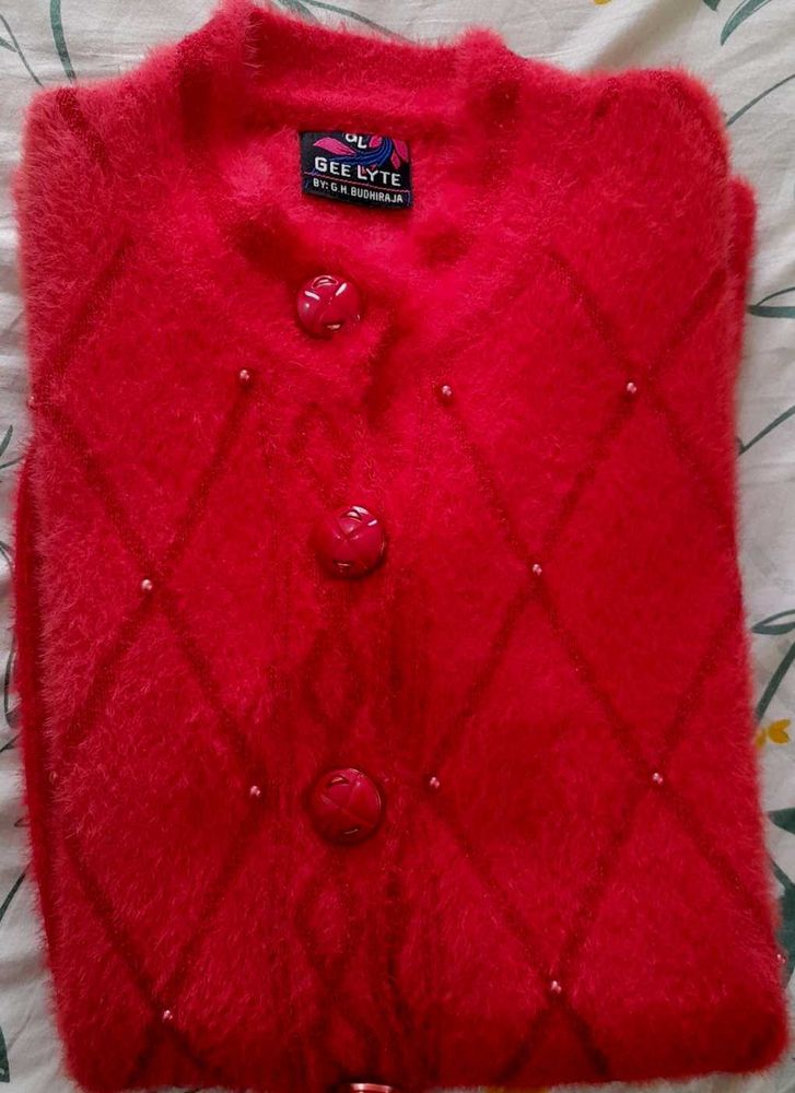 Red Fuzzy Button-Down Cardigan