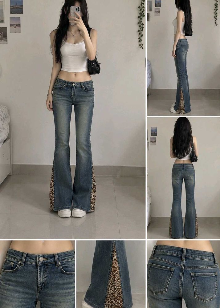 Low waist Bell Bottom Jeans with Leopard Print.